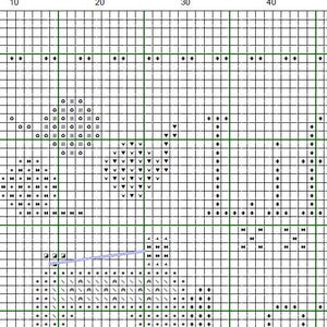 May include: A cross-stitch pattern chart with a grid of squares. The design spells out the word "LOVE" in a dotted font. The chart includes a heart and other decorative elements.