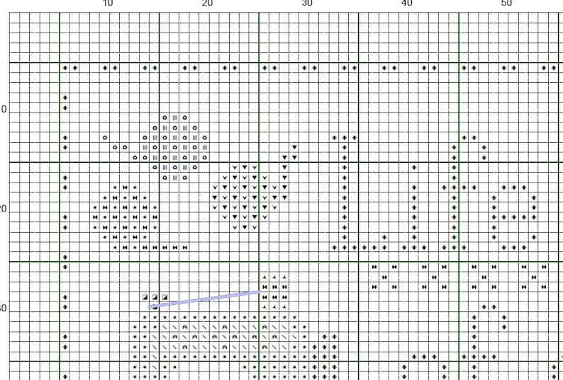 May include: A cross-stitch pattern chart with a grid of squares. The design spells out the word "LOVE" in a dotted font. The chart includes a heart and other decorative elements.
