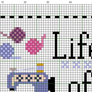 May include: Cross-stitch pattern featuring the text "Life is what you make it" in black block letters. The design includes images of yarn balls, a sewing machine, and other craft-related elements, all rendered in a pixelated style.