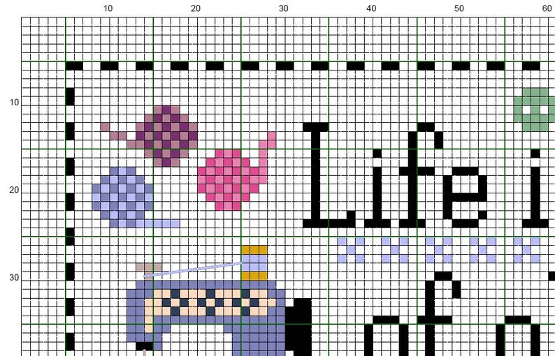 May include: Cross-stitch pattern featuring the text "Life is what you make it" in black block letters. The design includes images of yarn balls, a sewing machine, and other craft-related elements, all rendered in a pixelated style.