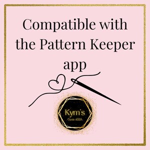 May include: A pink background with gold trim features the text "Compatible with the Pattern Keeper app." A needle and thread form a heart shape. A gold and black logo reads "Kym's Cross Stitch."