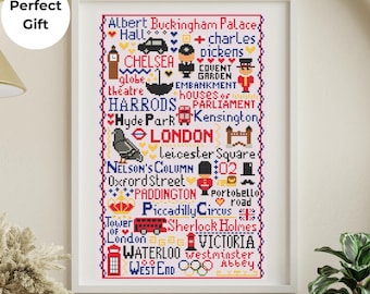 Modern London Landmarks Cross Stitch Pattern Word Poster PDF Download