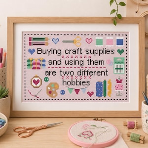 Funny Cross Stitch Pattern: 'Buying Craft Supplies' Quote with Fun Motifs
