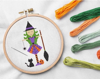 Witch Cross Stitch Pattern: Halloween Embroidery (PDF Pattern)