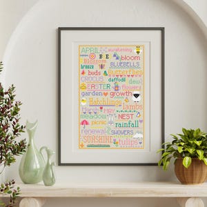 Cross Stitch Pattern Spring Words, Things Springtime, Instant Download, Spring Poster