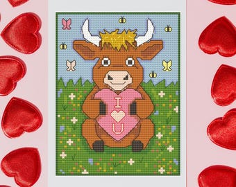 Highland Cow Cross Stitch Pattern With I Love You Heart PDF