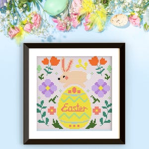 Happy Easter Rabbit Cross Stitch Pattern: Floral Egg Design (PDF Pattern)