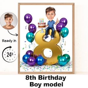 Retrato personalizado de niño de 8 años, caricatura de 8.º cumpleaños, dibujo animado de cumpleaños, regalo de cumpleaños personalizado, cumpleaños de niño, tarjeta única para el 8.º cumpleaños