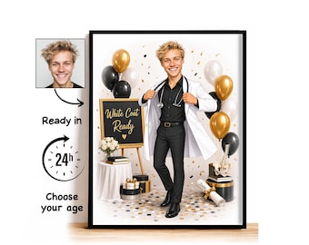 Custom Medical School Graduation Caricature from Photo, White Coat Ready Cartoon Portrait, Graduation Gift for Him