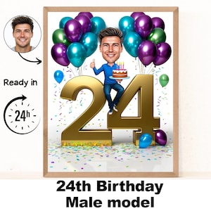 Benutzerdefiniertes 24. Mann-Karikaturporträt, 24. Geburtstagskarikatur, Geburtstagskarikatur, personalisiertes Geburtstagsgeschenk, Geburtstag des Mannes, 24.einzigartige Karte