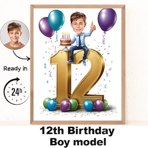 Individuell gestaltetes Cartoon-Porträt zum 12. Geburtstag für Jungen, Karikatur zum 12. Geburtstag, Geburtstags-Cartoon, personalisiertes Geburtstagsgeschenk, Geburtstagskarte für Jungen, einzigartige Karte zum 12. Geburtstag