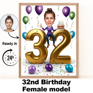 Retrato de desenho animado personalizado de mulher de 32 anos, caricatura de aniversário de 32 anos, desenho animado de aniversário, presente de aniversário personalizado, aniversário de mulher, cartão de 32 anos
