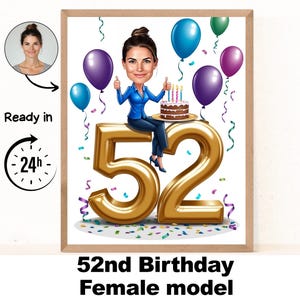 Benutzerdefinierte 52 Frau Cartoon Portrait, 52 Geburtstag Karikatur, Geburtstag Cartoon, personalisiertes Geburtstagsgeschenk, Frau Geburtstag, 52 Karte
