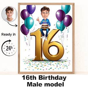 Retrato de caricatura personalizado para hombre de 16 años, caricatura de cumpleaños, caricatura de cumpleaños, regalo de cumpleaños personalizado, cumpleaños de hombre, tarjeta única para 16 años