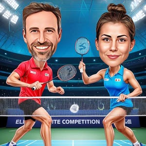 Badminton Paar Cartoon Portrait / Badminton Geschenk / Badminton Karikatur vom Foto / Badminton Karikatur vom Foto / Geschenk für Badminton Play