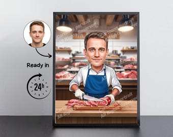 Butcher Gift – Custom Caricature Portrait From Your Photo / Butcher