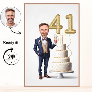 Op de afbeelding: Een ingelijste digitale illustratie van een man in een pak die een champagneglas vasthoudt naast een drielaagse taart met kaarsen. Gouden cijferballonnen lezen "41". De afbeelding bevat ook een portret en de tekst "Ready in 24h".