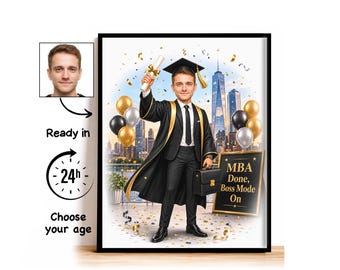 Custom MBA Graduation Caricature from Photo, MBA Done Boss Mode On Cartoon Portrait, MBA Graduation Gift for Him, Class of 2027