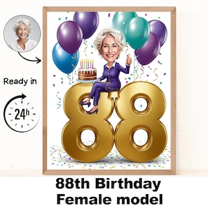 Retrato de desenho animado personalizado de mulher de 88 anos, caricatura de aniversário de 88 anos, desenho animado de aniversário, presente de aniversário personalizado, aniversário de mulher, cartão de 88 anos