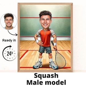 Cadeau squashspeler - aangepast karikatuurportret van je foto, squashsport, cadeau voor squashspeler, squash cartoon, squashcadeau