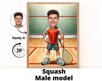 Squash Player Gift - Custom Caricature Portrait From Your Photo,squash sport, Gift for squash Player, squash Cartoon, squash gift