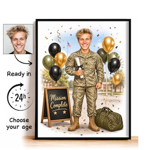 Caricature personnalisée de fin de formation militaire à partir d'une photo, portrait cartoon de fin de formation, cadeau de fin d'études pour lui image 1