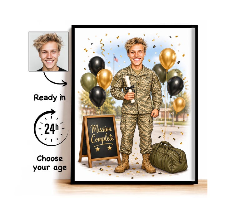 Caricature personnalisée de fin de formation militaire à partir d'une photo, portrait cartoon de fin de formation, cadeau de fin d'études pour lui image 1