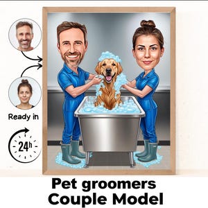 Pet Groomer Couple cartoon Portrait / Pet Groomer gift / Custom Pet Groomer Caricature / Pet Groomer caricature from photo / gift