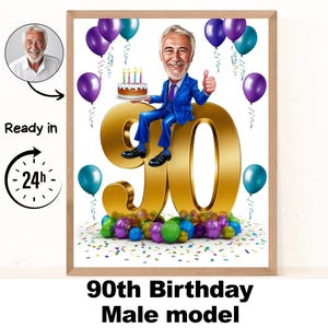 Portrait personnalisé de dessin animé homme 90e, caricature 90e anniversaire, dessin animé d'anniversaire, cadeau d'anniversaire personnalisé, anniversaire d'homme, carte 90e