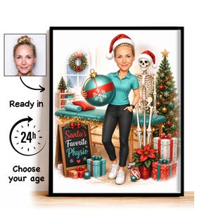May include: A framed digital illustration featuring a cartoon-style physical therapist wearing a Santa hat, holding a large blue Christmas ornament. Beside them stands a skeleton in a Santa hat, a Christmas tree, and a sign reading Santa's Favorite Physio.