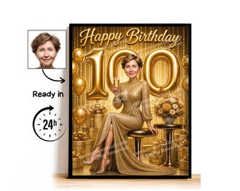 Aangepaste karikatuur voor 100e verjaardag, 100e verjaardag, karikatuurtekening, wenskaart, verjaardagskaart, verjaardagsuitnodiging, jubileumkaart