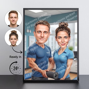 May include: A framed cartoon portrait of a man and woman in blue shirts, holding a black foam roller. The image includes two smaller headshots and text that reads "Ready in 24h". The artwork is in a black frame.