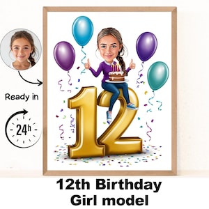 Benutzerdefinierte 12. Mädchen Cartoon Porträt, 12. Geburtstag Karikatur, Geburtstag Cartoon, personalisierte Geburtstagsgeschenk, Mädchen Geburtstag, 12. einzigartige Karte