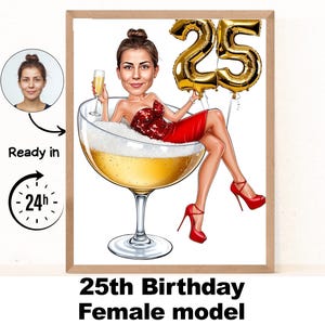 Portrait de femme dessin animé personnalisé 25e anniversaire, caricature de 25e anniversaire, dessin animé d'anniversaire, cadeau d'anniversaire personnalisé, anniversaire de femme, carte 25e anniversaire