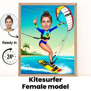 Retrato de dibujos animados de kitesurf / Regalo de kitesurf / Caricatura de kitesurfer personalizada / Caricatura de kitesurf de foto / Regalo para kitesurfer /Arte de kitesurf