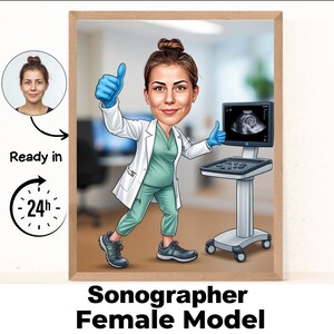 Sonograf kvinnlig tecknad porträtt / Sonograf gåva / Anpassad sonograf karikatyr / Sonograf karikatyr från foto / gåva