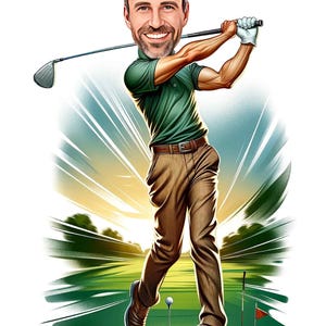 a caricature of a man swinging a golf club