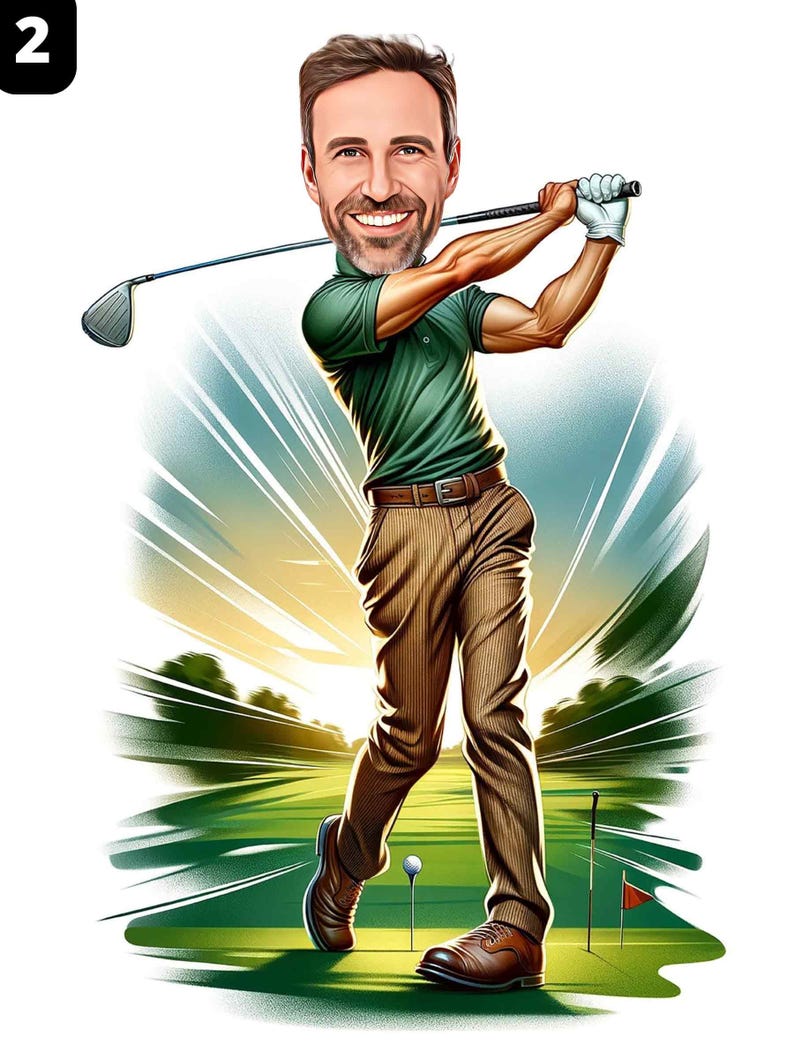 a caricature of a man swinging a golf club