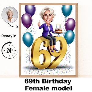Benutzerdefinierte 69. Frau Cartoon Portrait, 69. Geburtstag Karikatur, Geburtstag Cartoon, personalisierte Geburtstagsgeschenk, Frau Geburtstag, 69.Karte