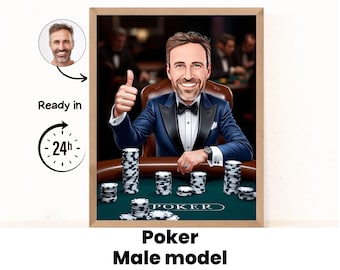 Custom poker cartoonportret, pokerkarikatuur, cadeau voor mannelijke pokerspeler, grappige pokergitaar, karikatuur van foto, gepersonaliseerd poker