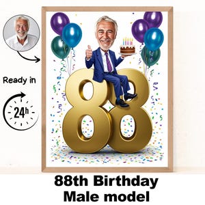 Ritratto di uomo personalizzato per l'88° compleanno, caricatura per l'88° compleanno, cartone animato di compleanno, regalo di compleanno personalizzato, compleanno di un uomo, biglietto per l'88° compleanno