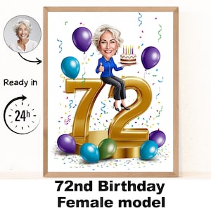 Benutzerdefinierte 72.Frau Cartoon Porträt, 72.Geburtstag Karikatur, Geburtstag Cartoon, personalisiertes Geburtstagsgeschenk, Frauengeburtstag, 72.Karte
