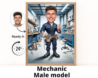 Personalised Caricature of a Male Mechanic, Mechanic Caricature, Custom Mechanic Gift, Mechanic Art, Automotive Gift, Digital Download