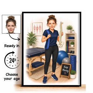 May include: A framed illustration of a physical therapist wearing a navy blue polo shirt and black joggers, holding a blue resistance band and a spinal model. The scene includes a massage table, exercise ball, foam roller, and a sign reading Keep Moving.