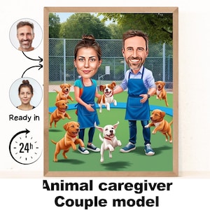 Animal Caregiver Couple cartoon Portrait / Animal Caregiver gift / Custom Animal Caregiver Caricature / Animal Caregiver caricature from pho