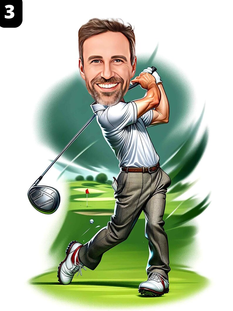 a caricature of a man swinging a golf club