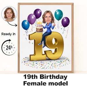 Retrato de desenho animado personalizado de mulher de 19 anos, caricatura de aniversário de 19 anos, desenho animado de aniversário, presente de aniversário personalizado, aniversário de mulher, cartão exclusivo de 9 anos