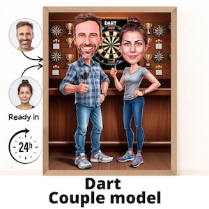 Dart Player Couple cartoon Portrait / Dart Player gift / Custom Dart Player Caricature / Dart Player caricature from photo / gift for Dart P