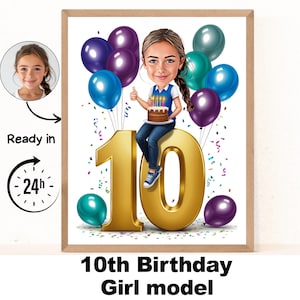 Benutzerdefinierte 10. Mädchen Cartoon Porträt, Karikatur zum 10. Geburtstag, Geburtstag Cartoon, personalisiertes Geburtstagsgeschenk, Mädchen Geburtstag, einzigartige Karte zum 10