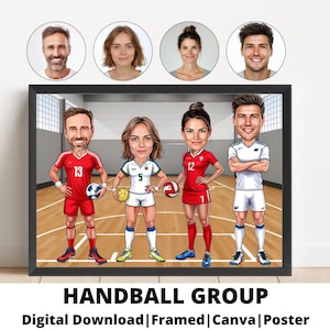 Personalised Handball group Cartoon Portrait, Custom Handball Caricature Drawing, Funny Caricature, Gift for Friend, Team Handball,